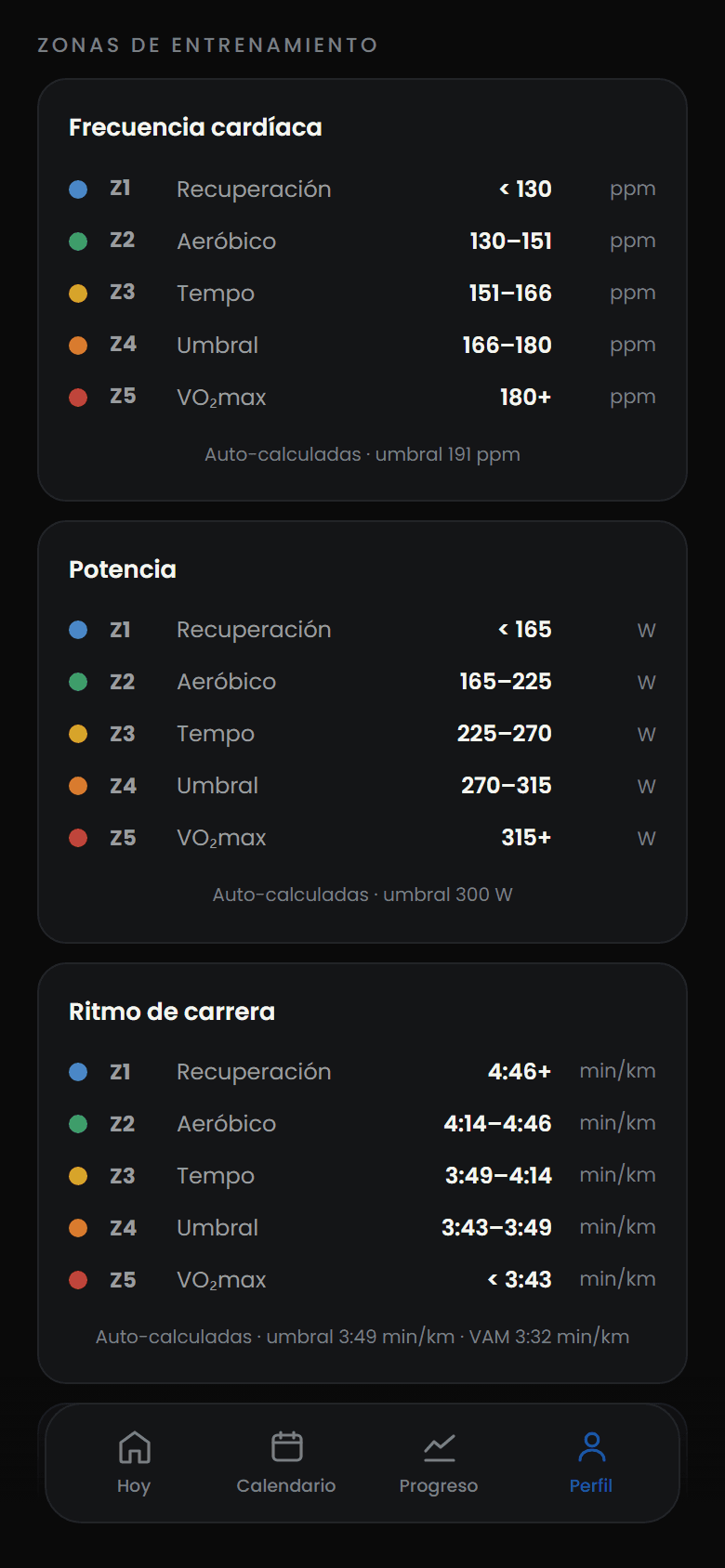 Zonas de entrenamiento en el móvil: tablas de cinco zonas de frecuencia cardíaca, potencia y ritmo de carrera, con el umbral del que salen al pie de cada una.